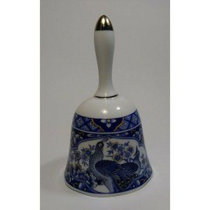 Vintage Porcelain BLUE PEACOCK and FLOWERS Hand Bell   Made In Japan
